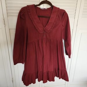 Burgundy Red Zara Ruffled Long Sleeve Knee Length Cotton Dress